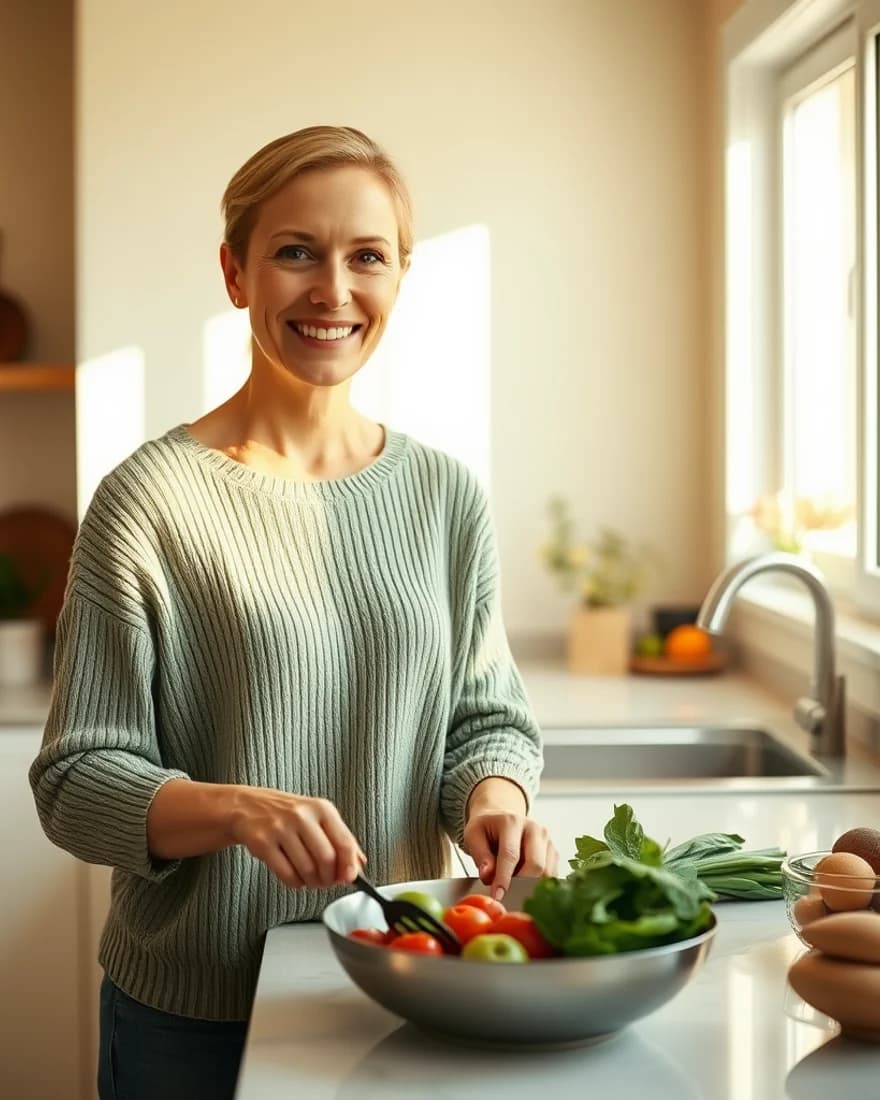 A woman preparing a fresh high-protein meal in a sunlit kitchen