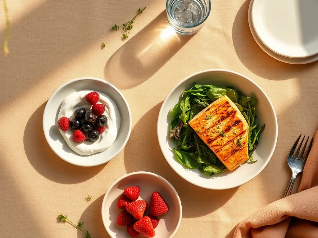 A balanced high-protein meal photographed from above